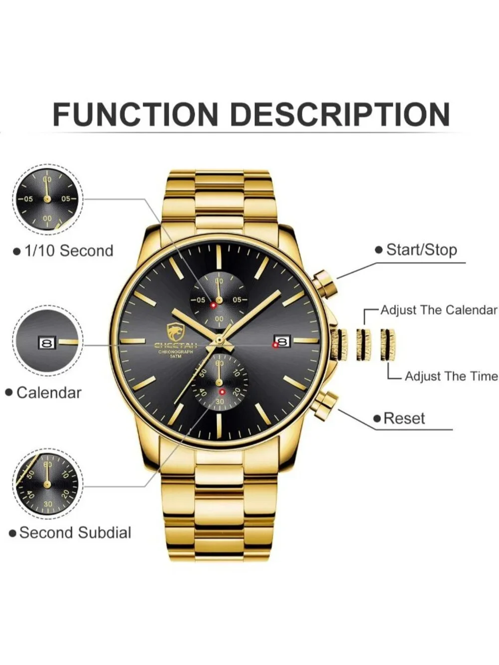 Men's Gold Black Stainless Steel Waterproof Chronograph Quartz Wrist Watch